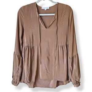 Amanda Uprichard 100% Silk V-Neck Tunic Top S Brown Made USA Quiet Luxury Boho